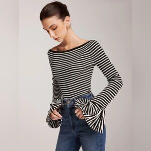 Commense Striped Ruffle-Sleeve Knit Top XS CC24-7